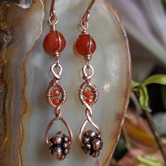 Copper Dangle Earrings Orange-Red Carnelian Agate Artisan Crafted - Picture 15 of 16